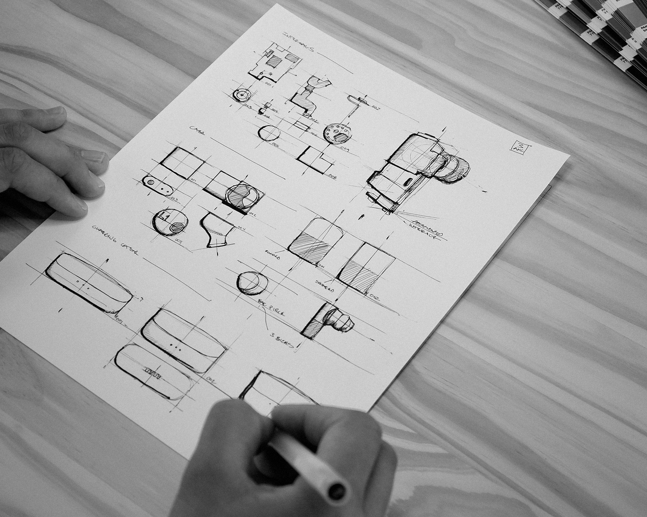 Rough design sketch of the Status Between earbuds